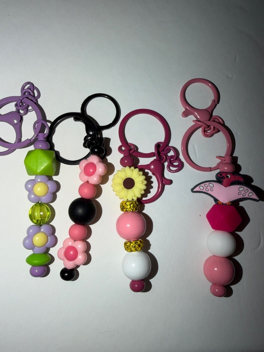 Cute Beaded Floral Keychain Charms - Pastel Pink & Purple